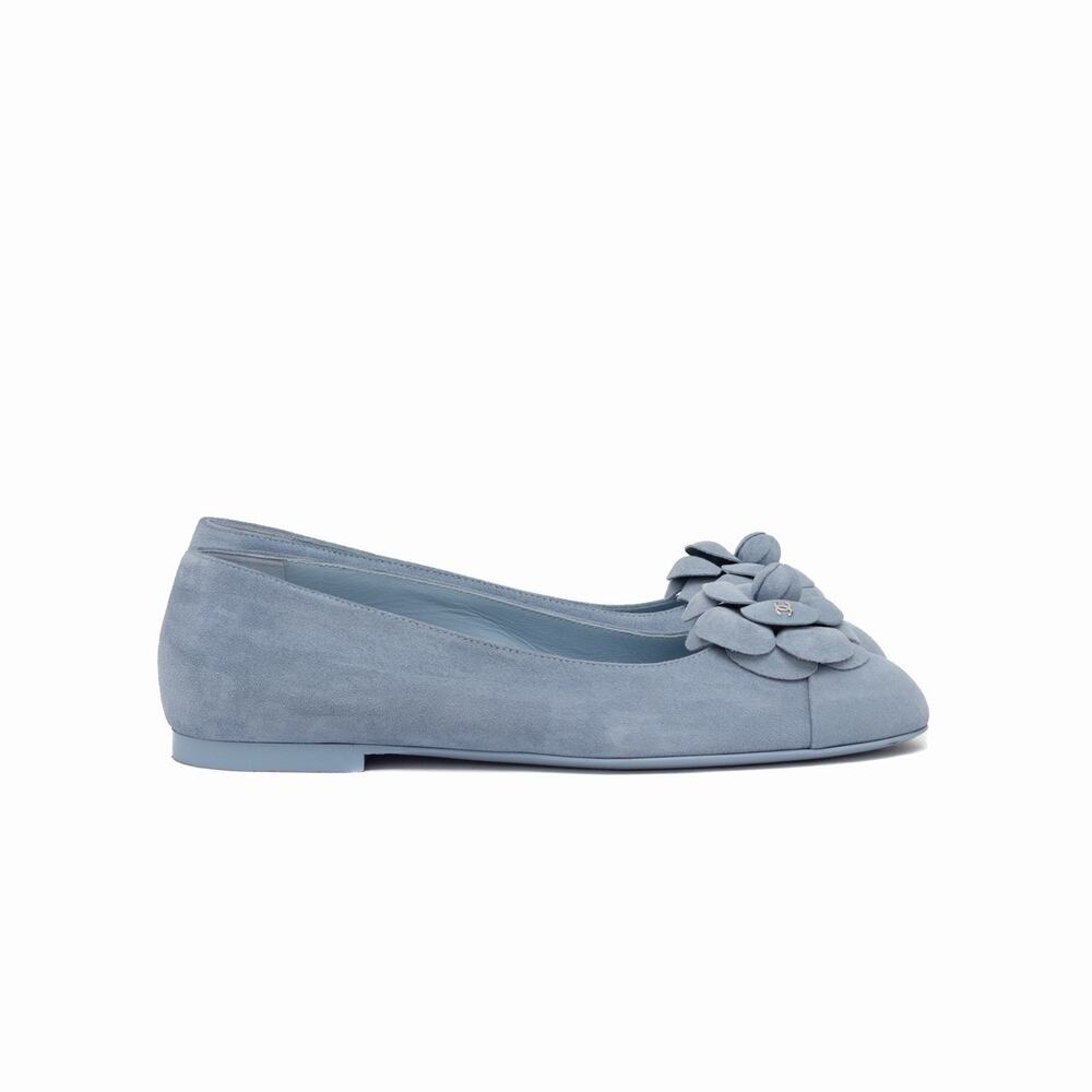 CHANEL 24P Suede Interlocking CC Camellia Cap Ballet Flats Blue Size 39 US 9 - Picture 11 of 16